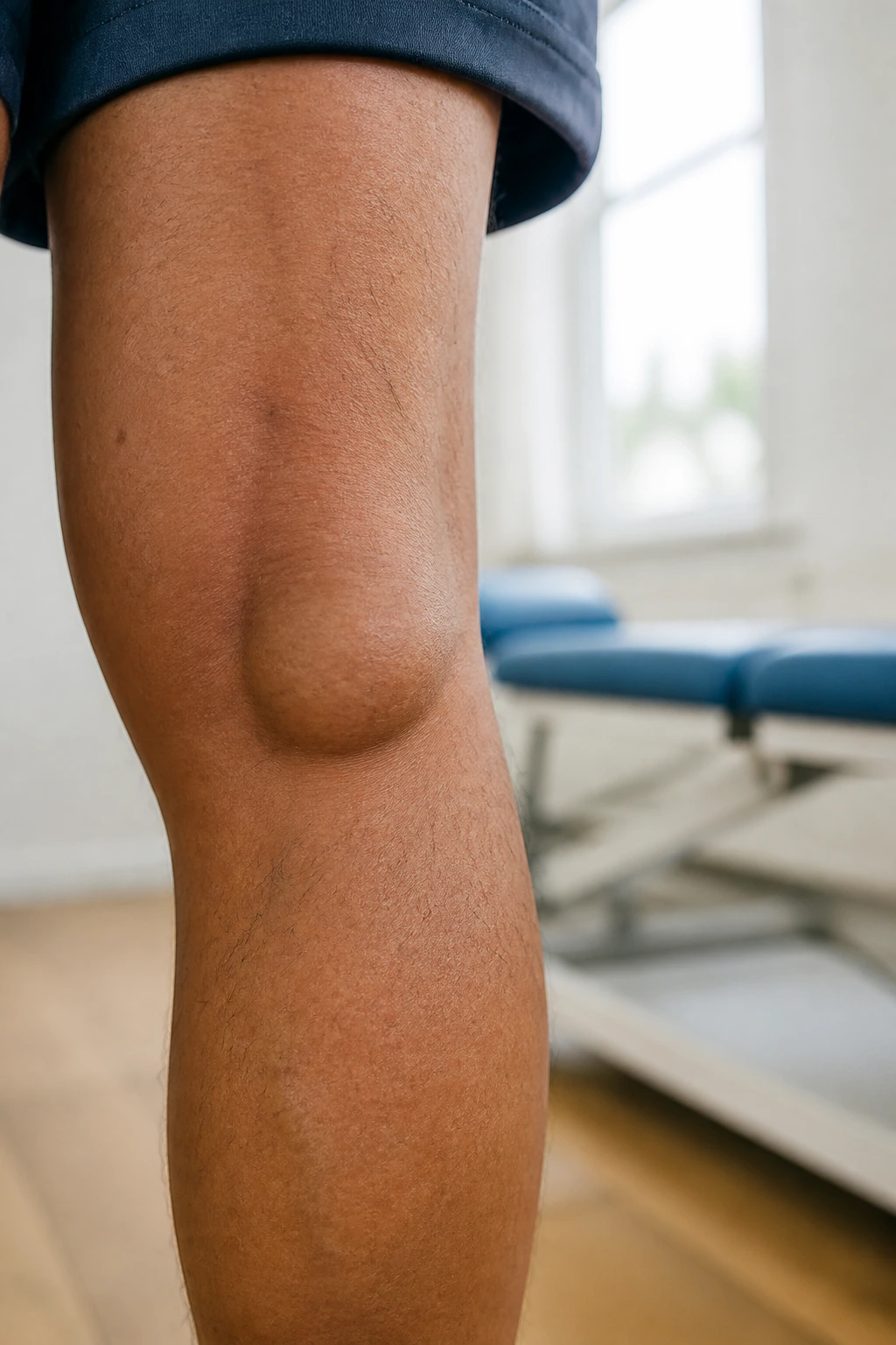 Close-up of a knee with a Baker’s cyst behind the knee in a clinic setting