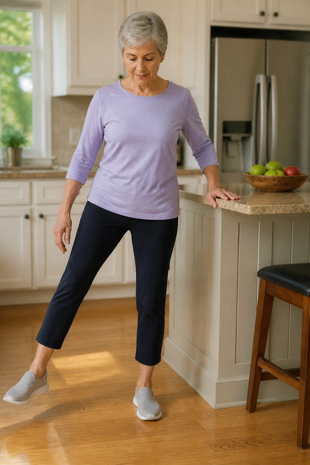 Older adult performing clock reach balance drill at home