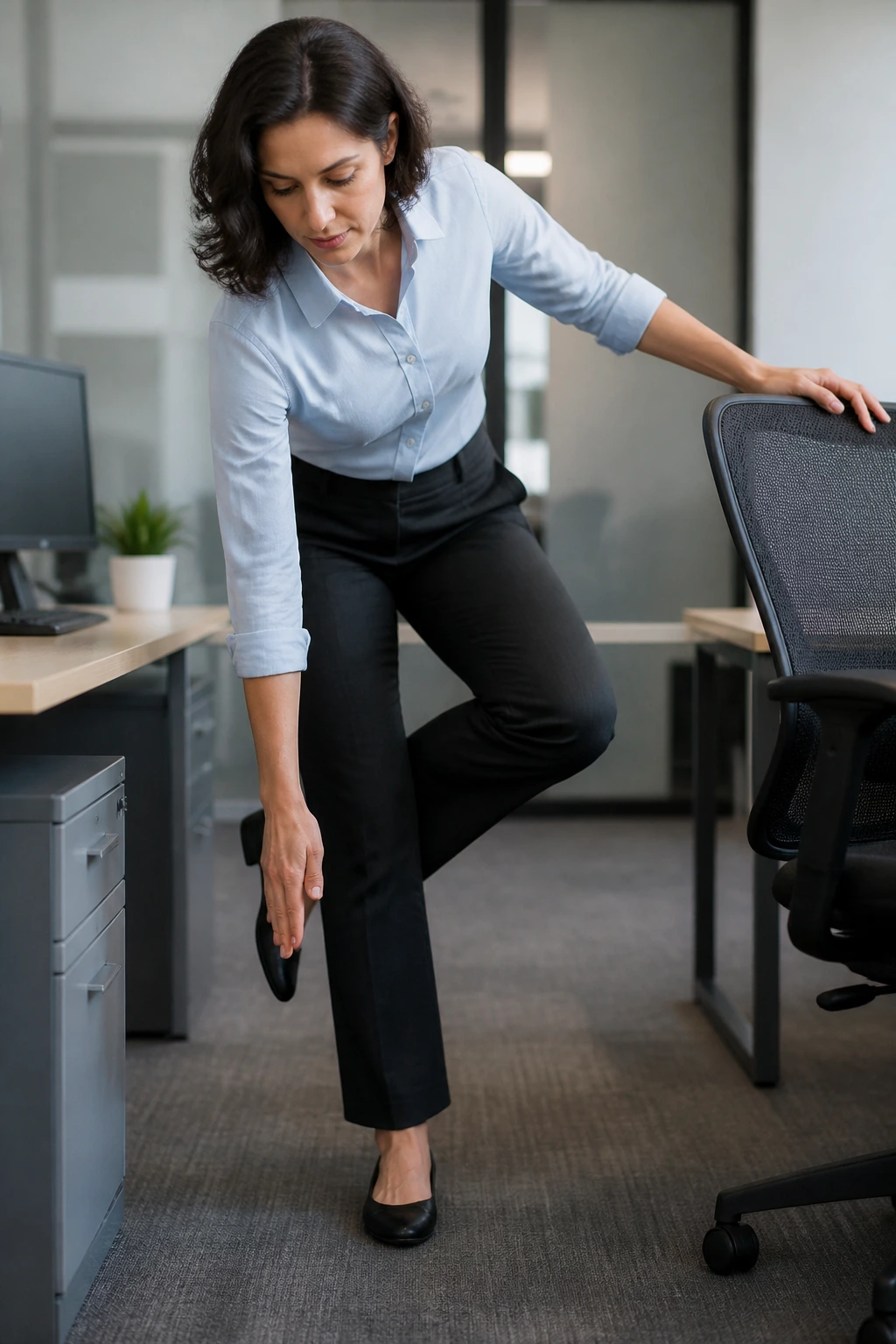 Person balancing on one leg in office, reaching toward desk edge.