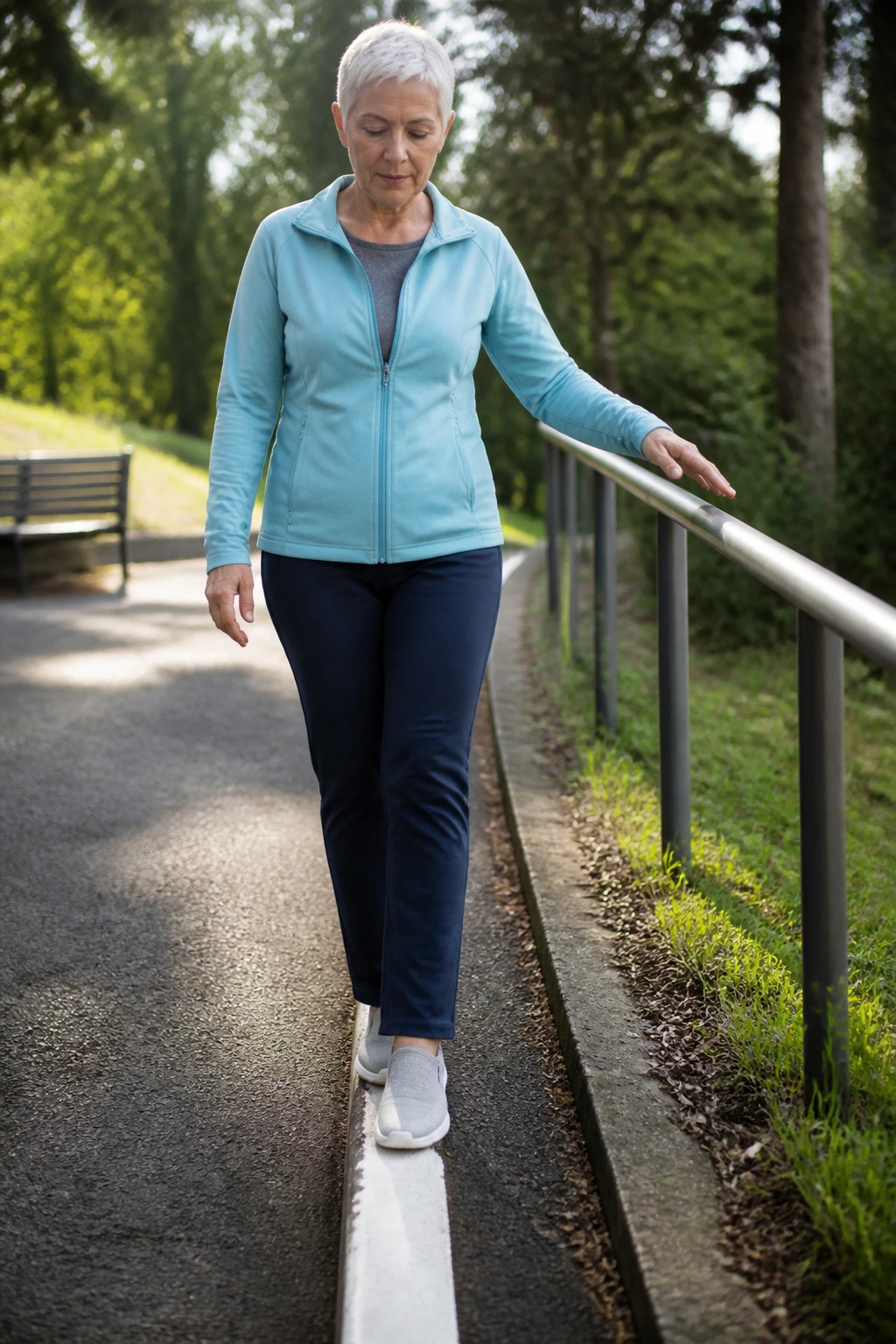 Senior performing balance-line walk along painted edge in park