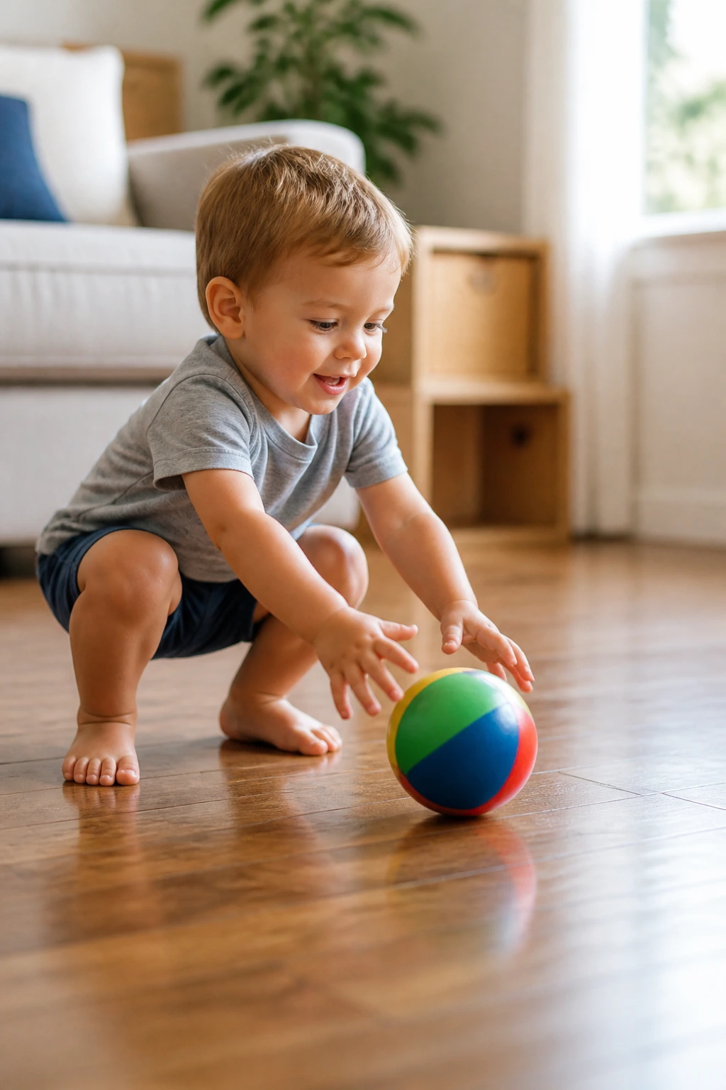 Toddler squatting and picking up a small ball on a bright living room floor
