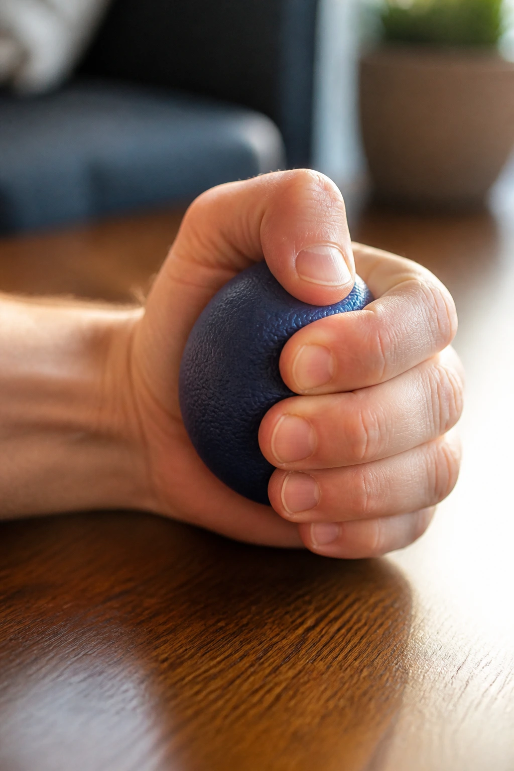 Hand squeezing a ball then releasing in a close-up