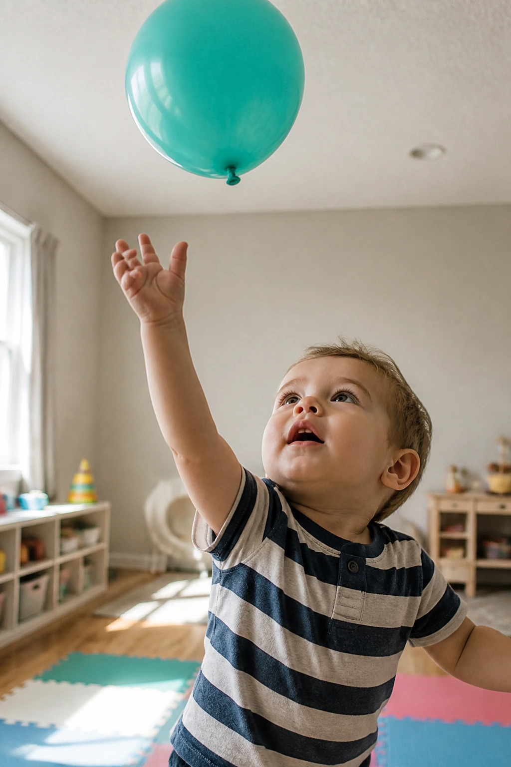 Toddler reaching to tap a balloon overhead in a playroom