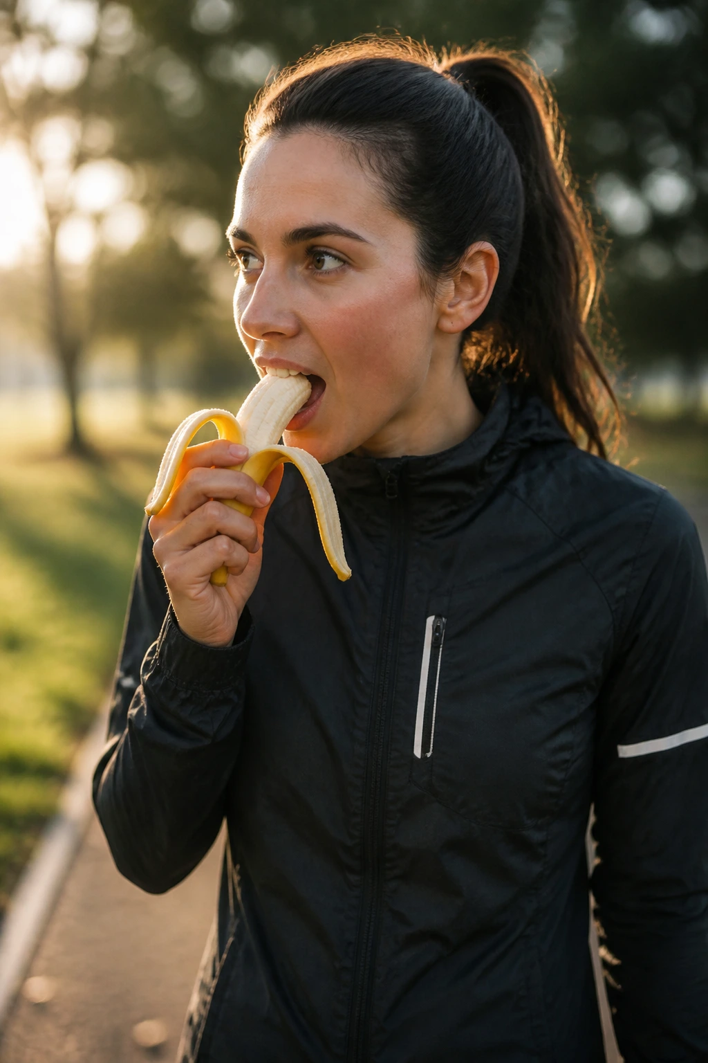 Runner eating a banana before a run in a park