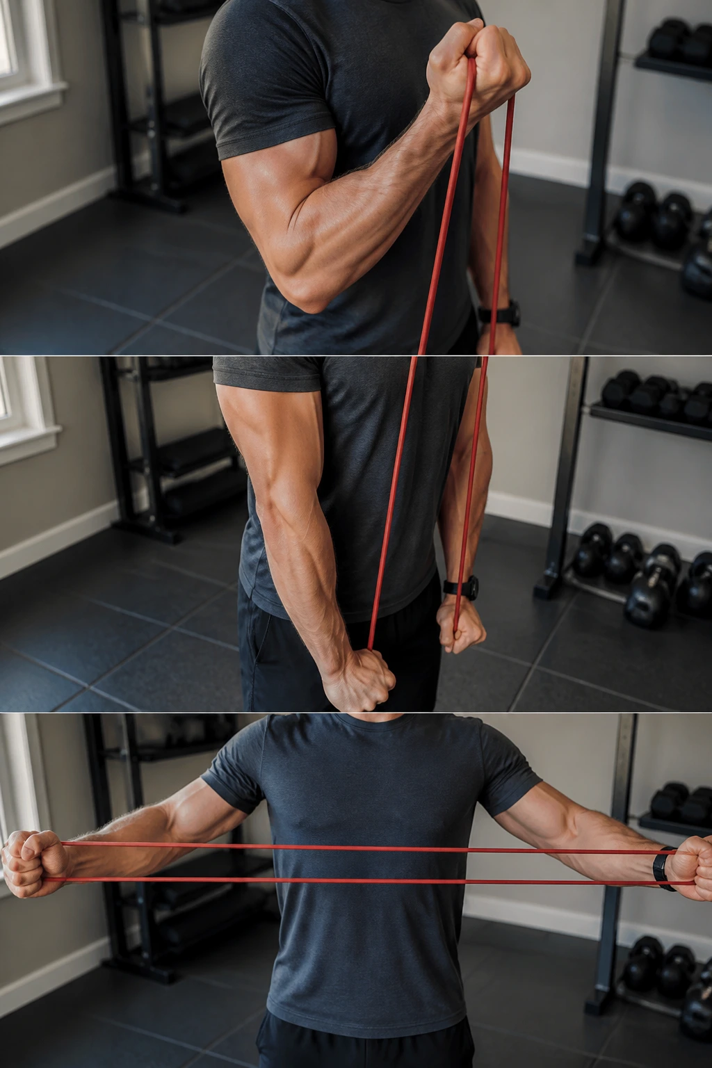 Arms working with resistance band in a home gym during an arm burnout circuit.