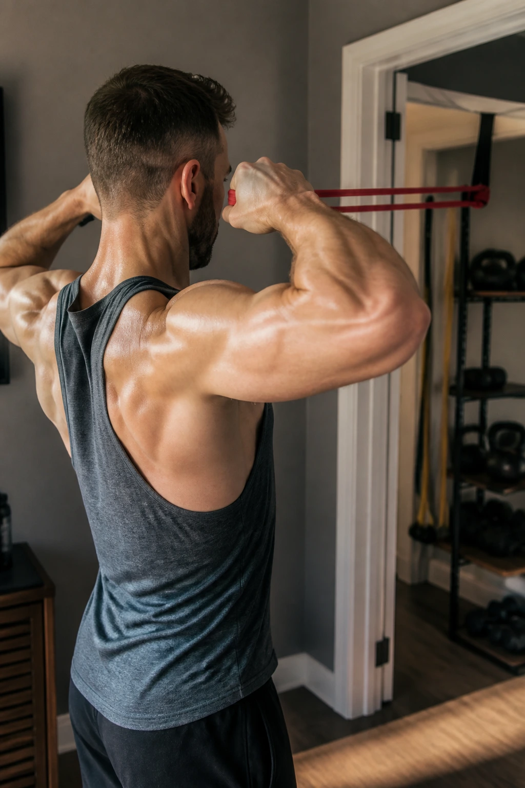 Close-up of a person performing a band face pull to train the upper back with a resistance band in a home gym