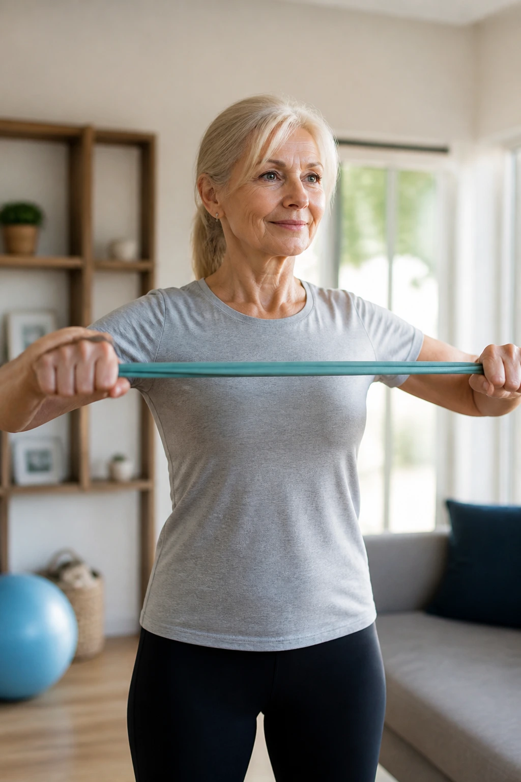 Person performing a band pull-apart with a lightweight band at shoulder height