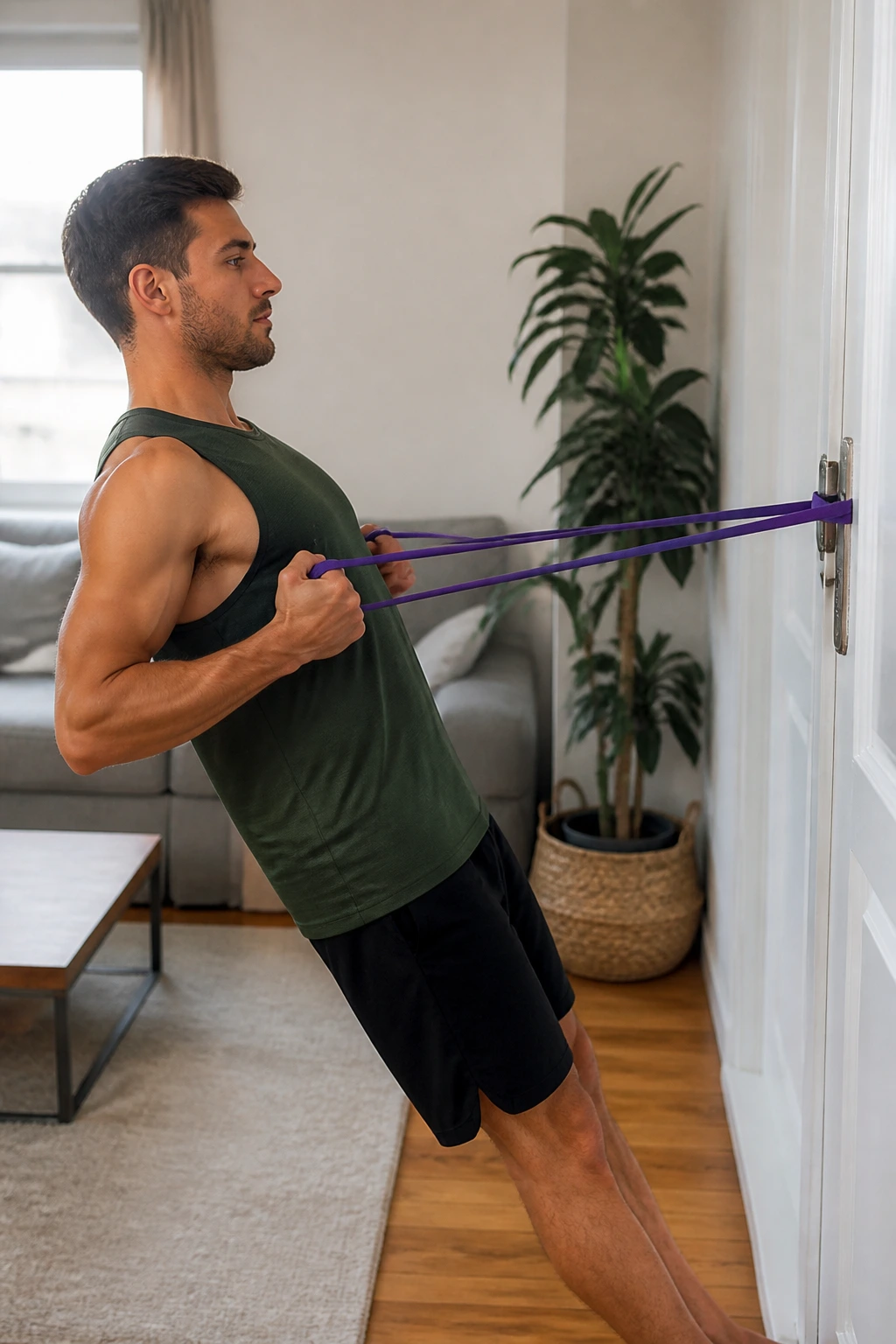 Person performing resistance-band row in a home setting