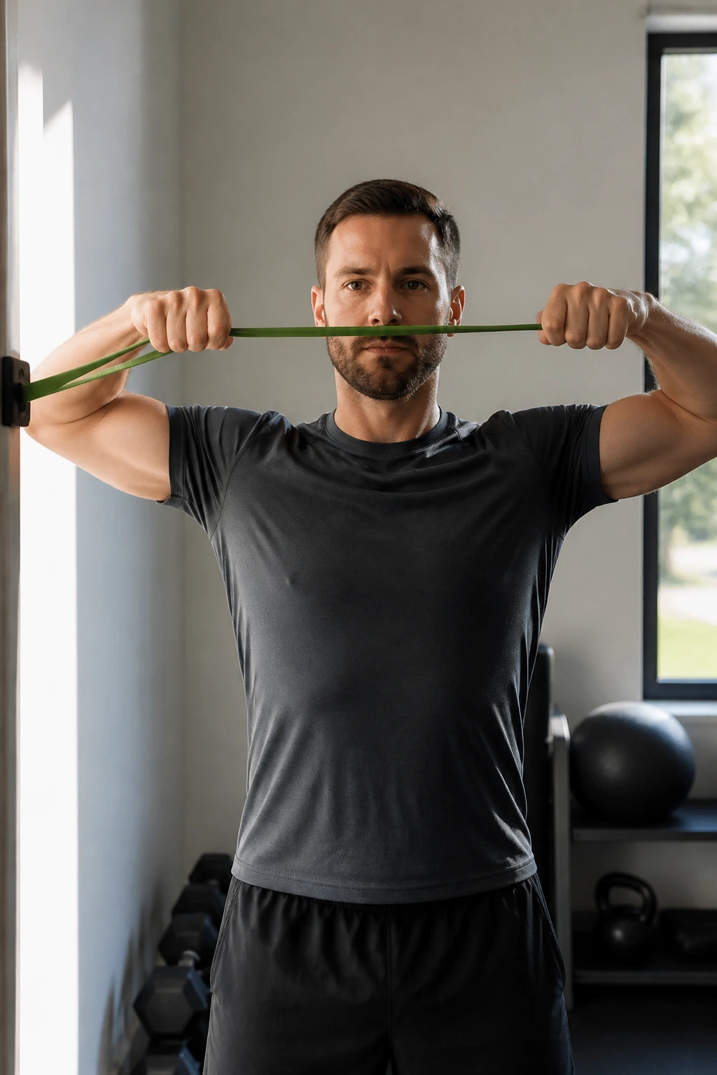 Front view of a person doing banded face pulls in a home gym