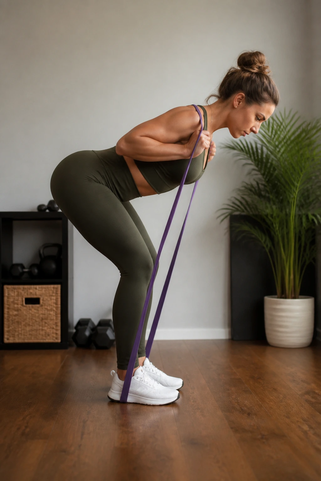 Side-view of a person doing banded good mornings in a home setting