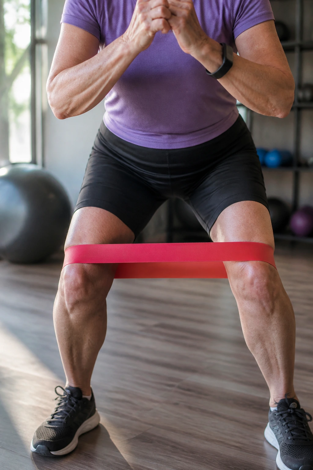 Close-up of a person performing a banded lateral walk focusing on hips and resistance band