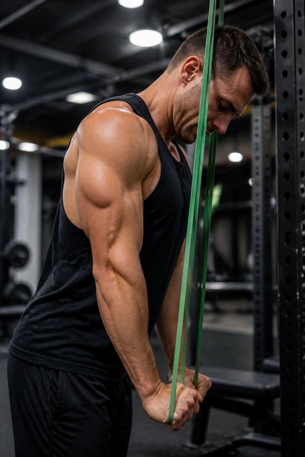 Arms pressing down a resistance band during a banded pressdown