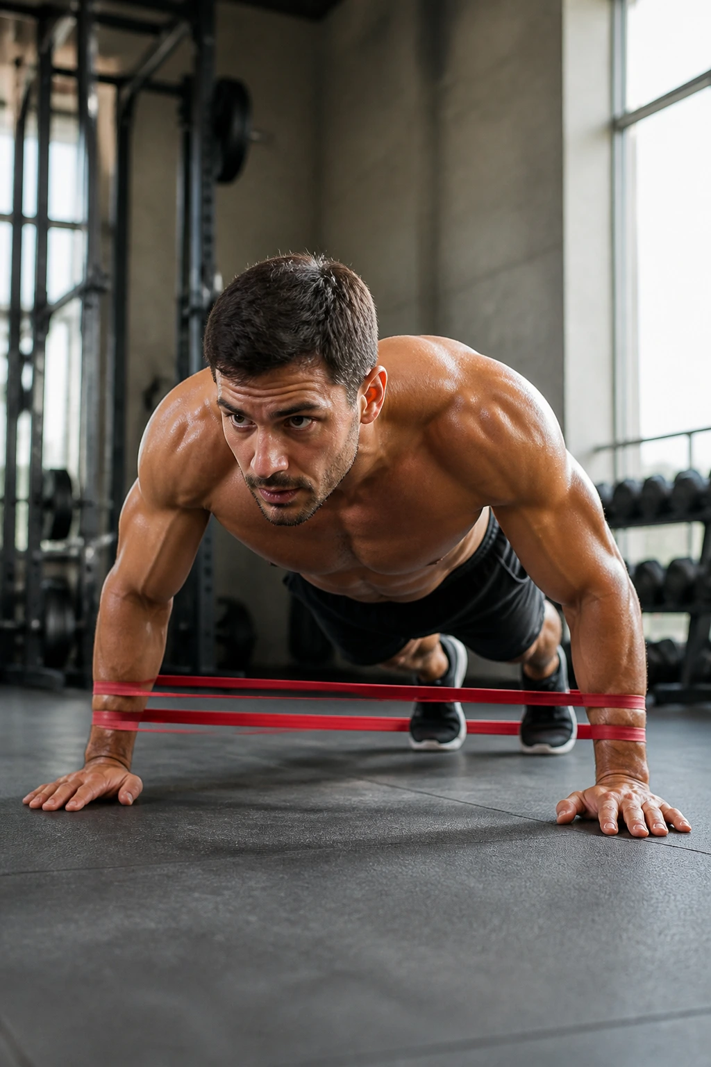 Athlete performing a banded push-up during a bodyweight-and-band circuit