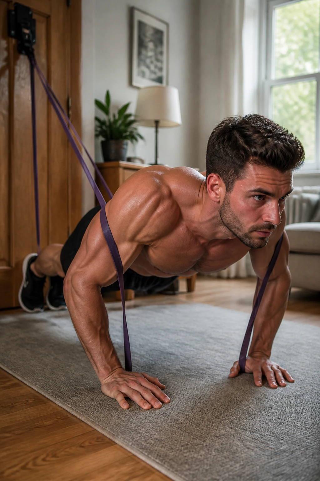 Man doing band-resisted push-up in small apartment