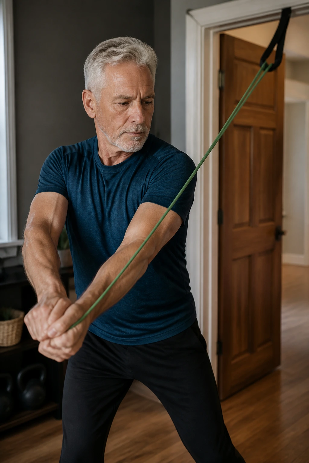 Close-up of a senior performing a band wood chop with a resistance band anchored to a doorway, highlighting core rotation