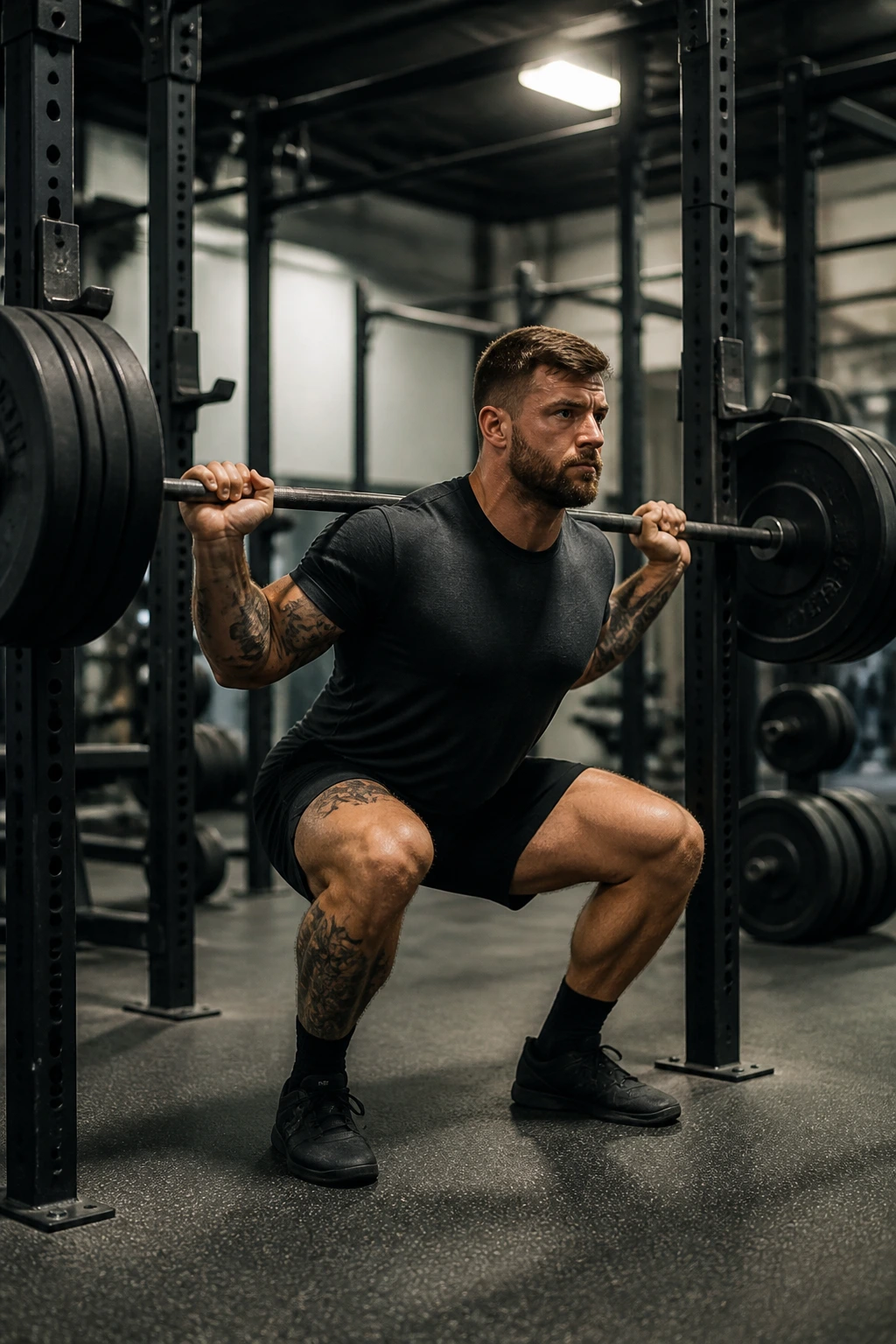 Mid-shot of person performing back squats with barbell in a gym