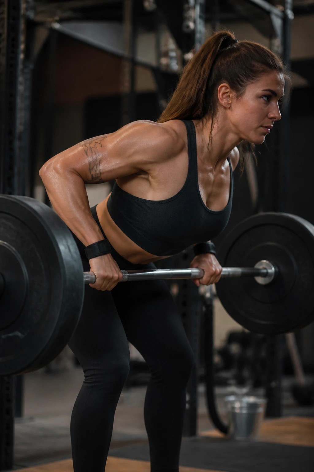 Real person performing barbell bent-over row with rigid back and engaged lats
