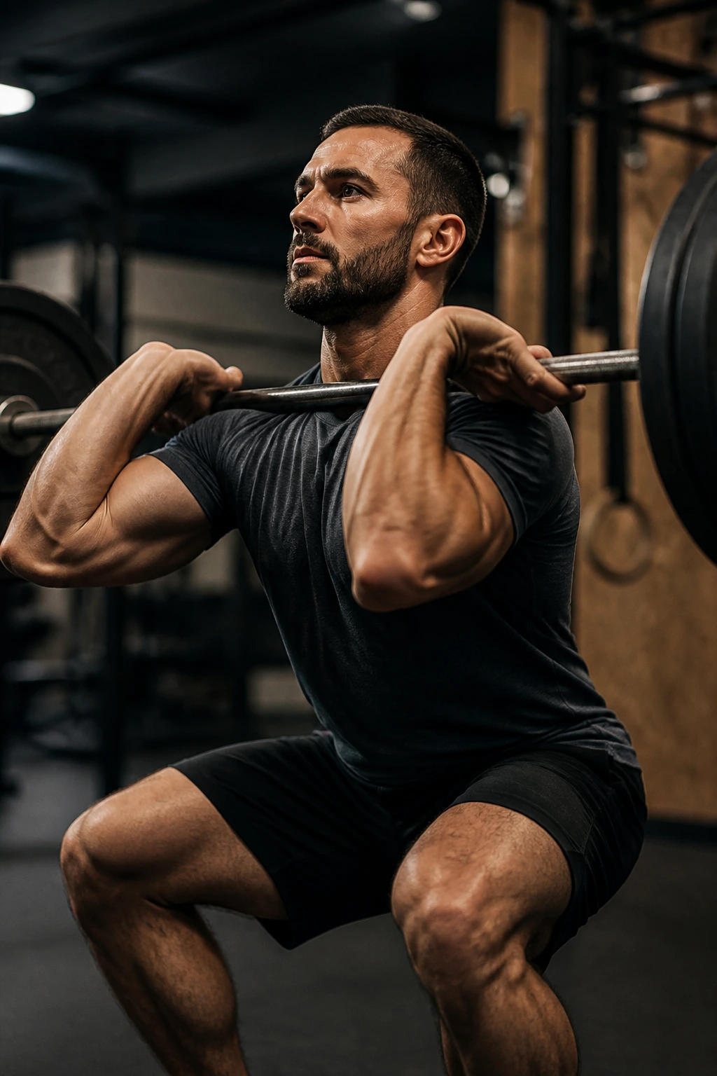 Lifter performing a barbell movement in a gym during a barbell complex