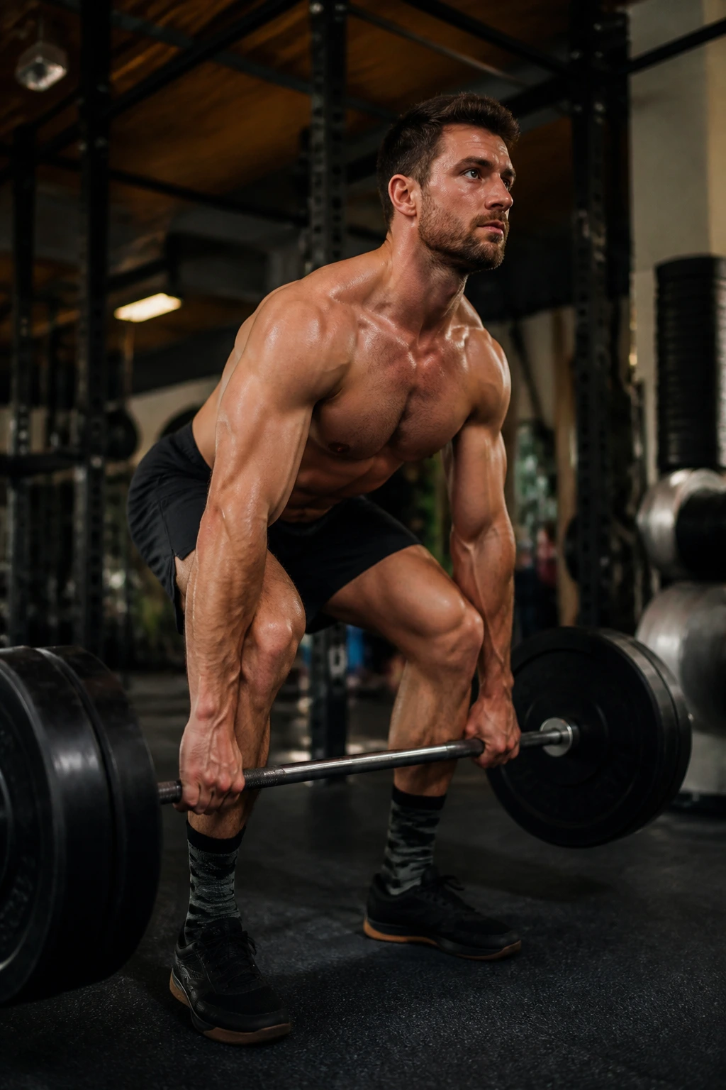 Close-up of a lifter performing a barbell complex in a gym, barbell mid-movement and focused expression