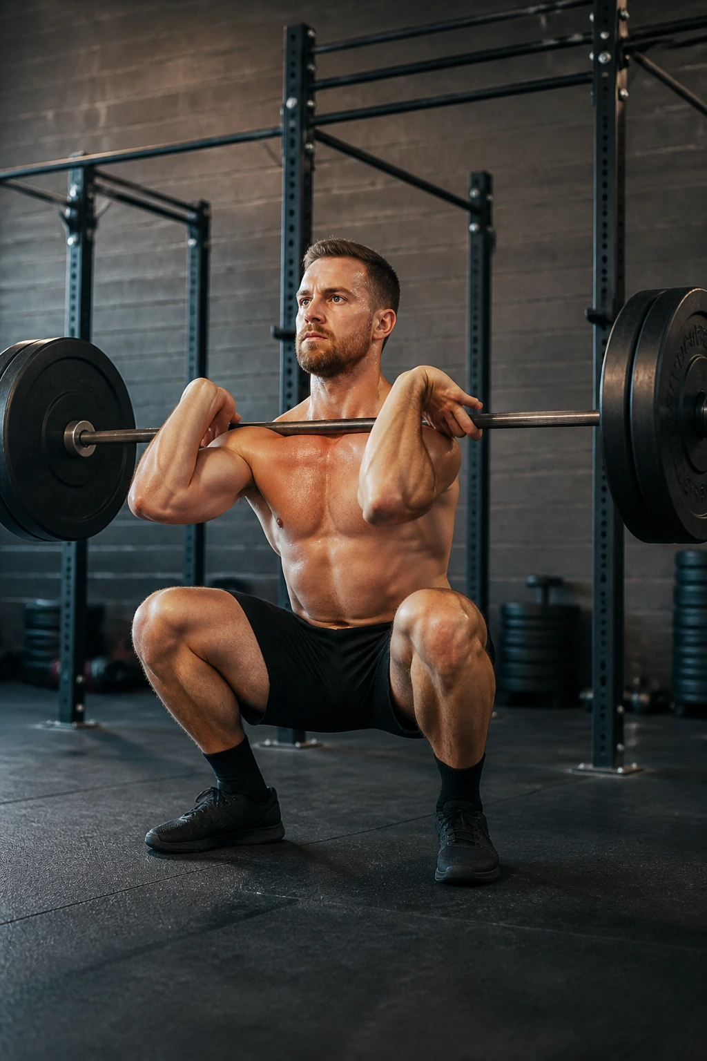 Athlete executing barbell complex movements in gym