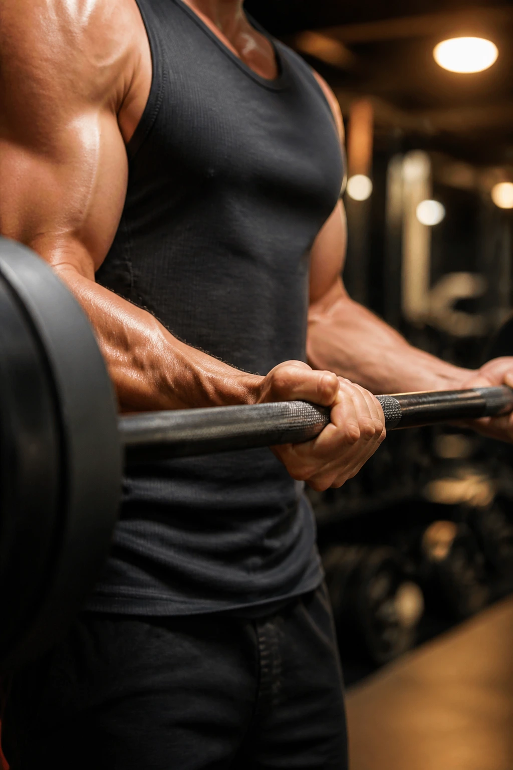 Close-up of forearms and barbell during heavy barbell curls in a gym