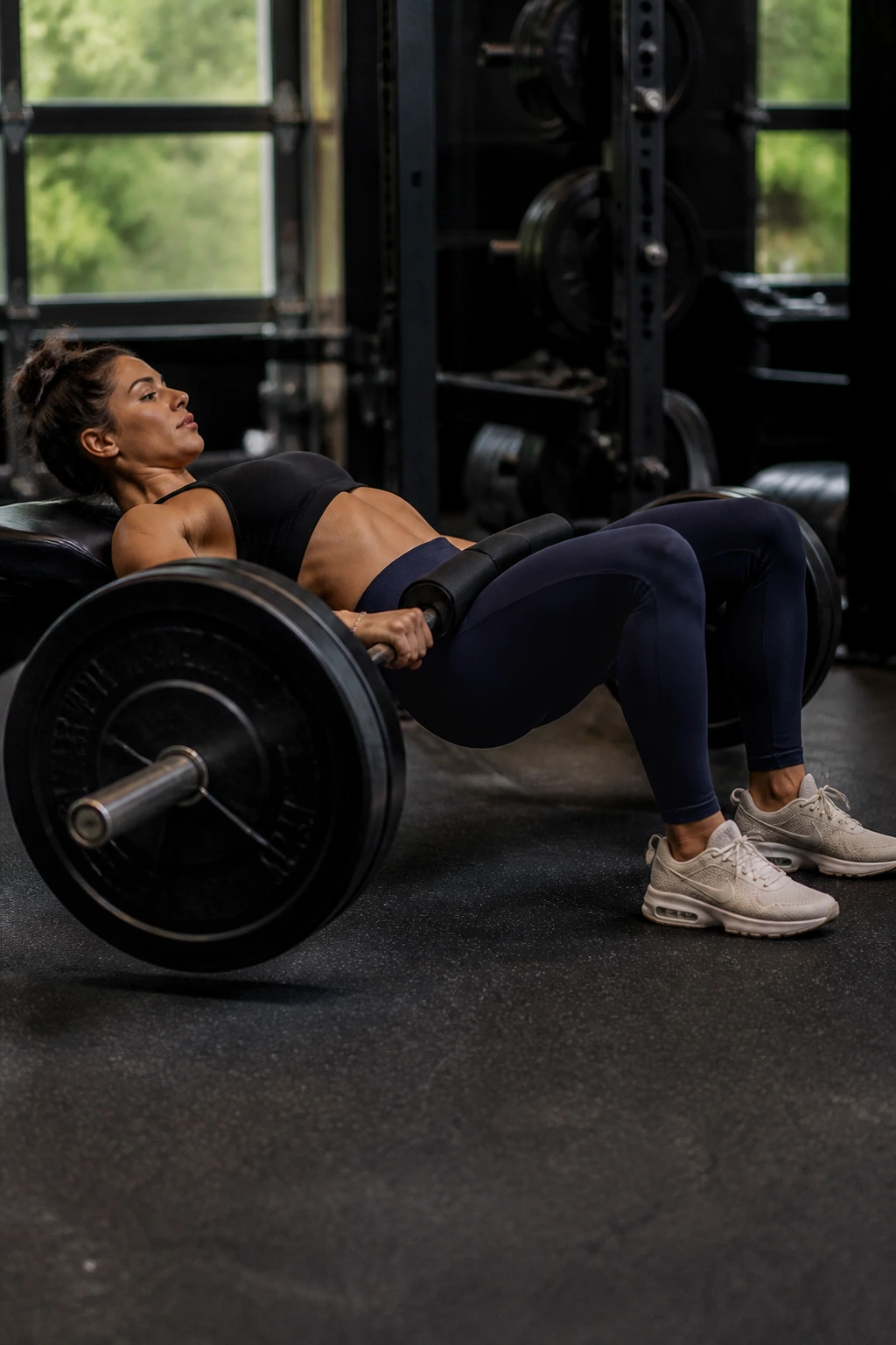 Woman lifting barbell in glute bridge