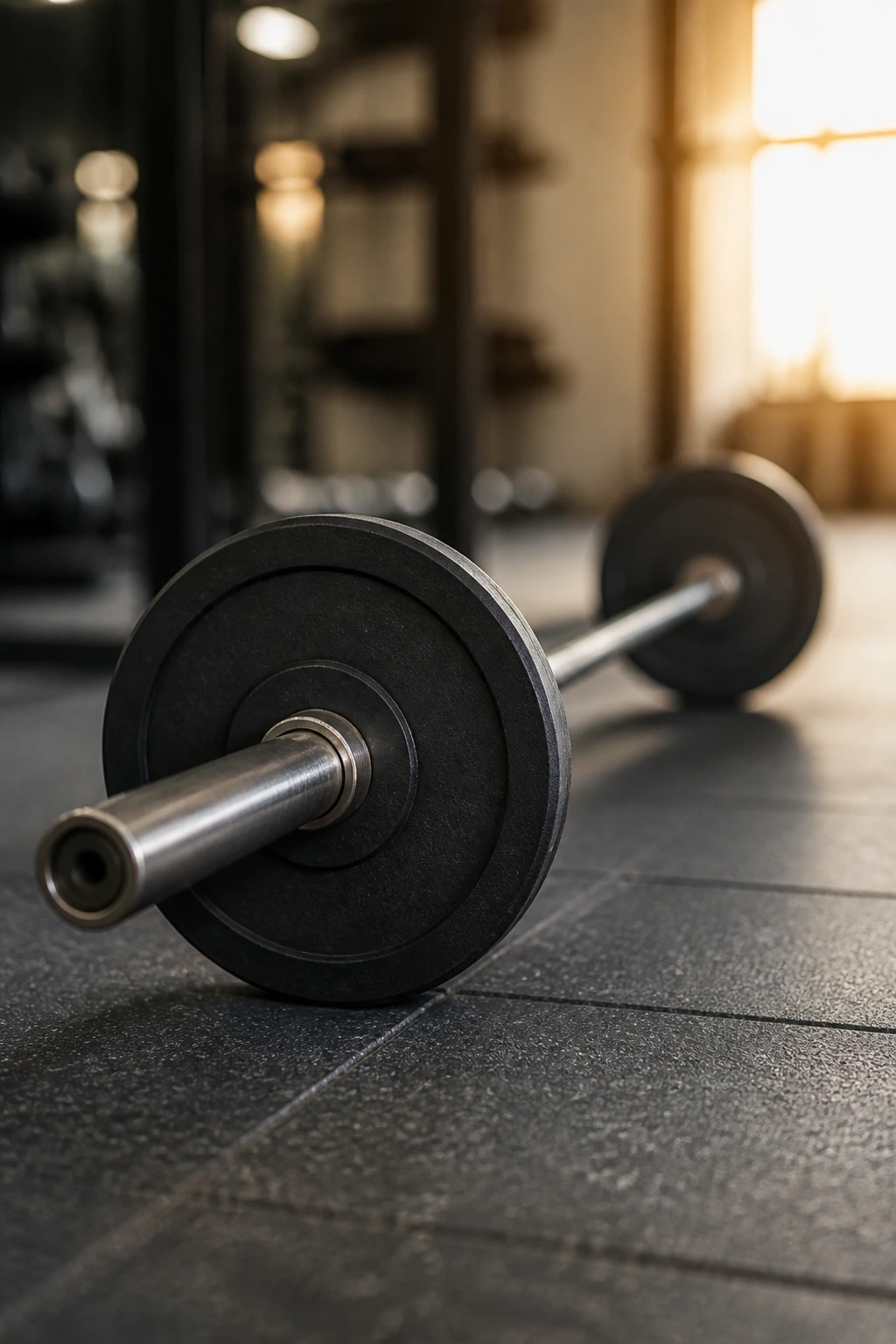 Close-up of an empty barbell on a gym floor for Barbell Basics Program