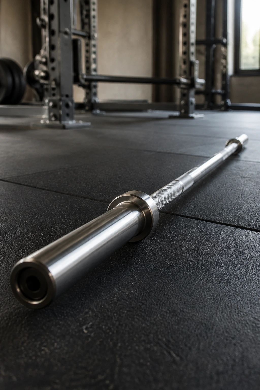Close-up of an empty barbell in a gym highlighting knurling and bar texture.
