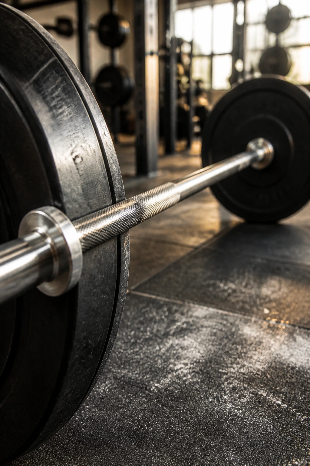 Close-up of a loaded barbell on a gym floor with plates and knurling visible