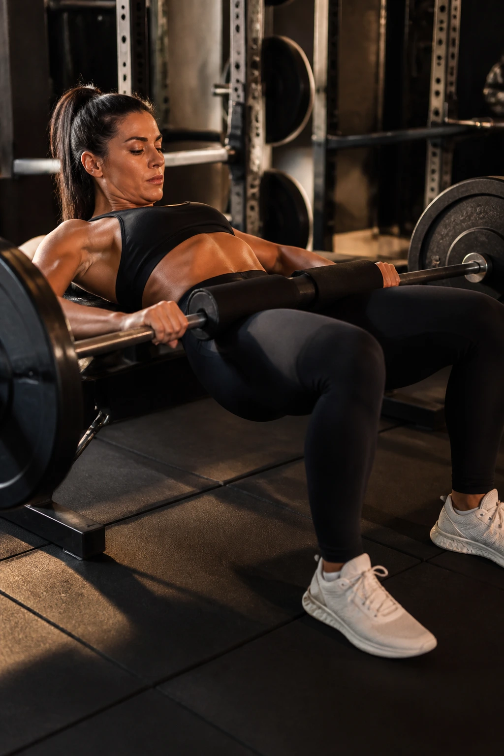 Medium close-up of barbell hip thrust highlighting glute engagement