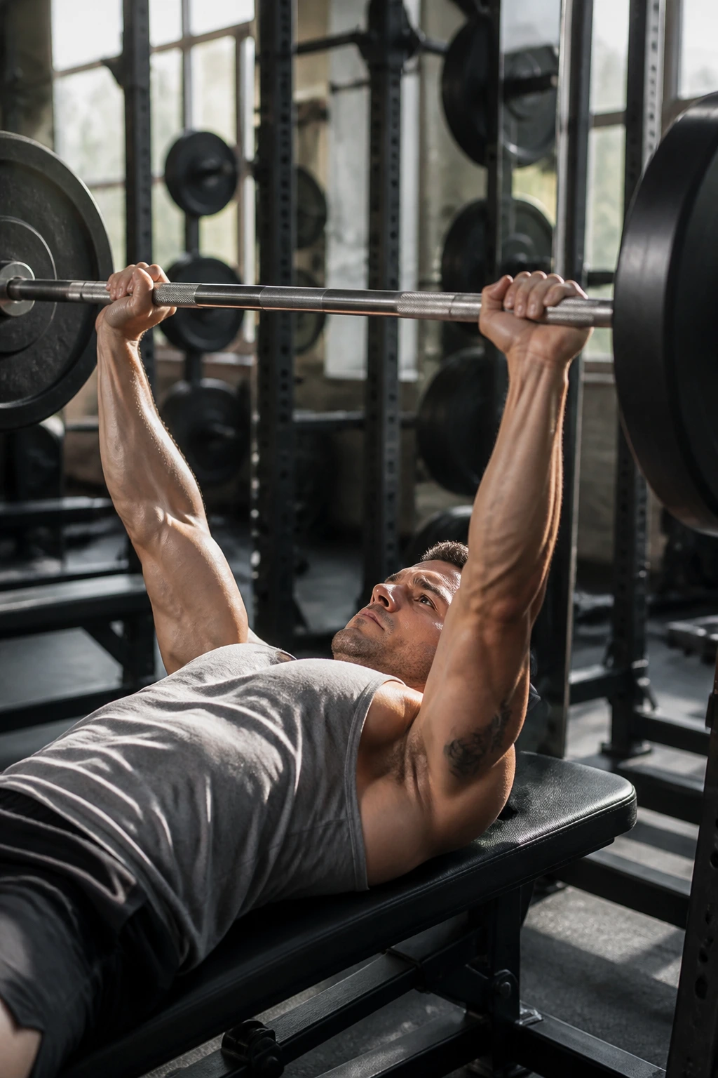 Athlete performing barbell ladder sets on bench in gym