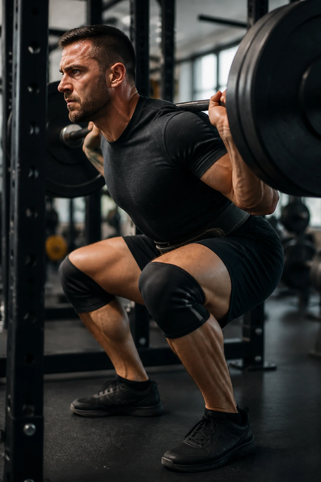 Close-up of lifter performing heavy barbell squat in gym, emphasizing compound lift form
