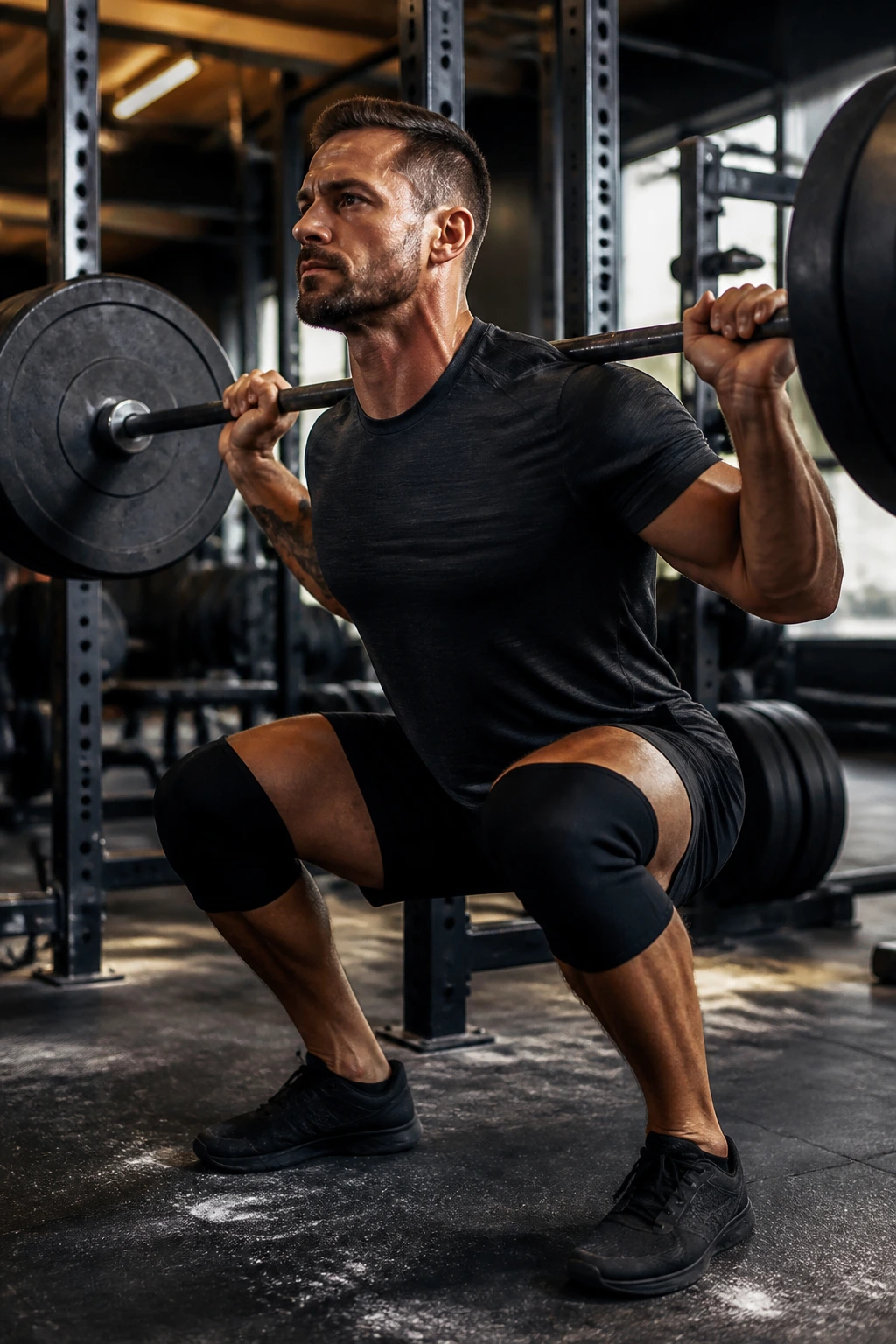Medium-close shot of a fit man performing a heavy back squat in a gym