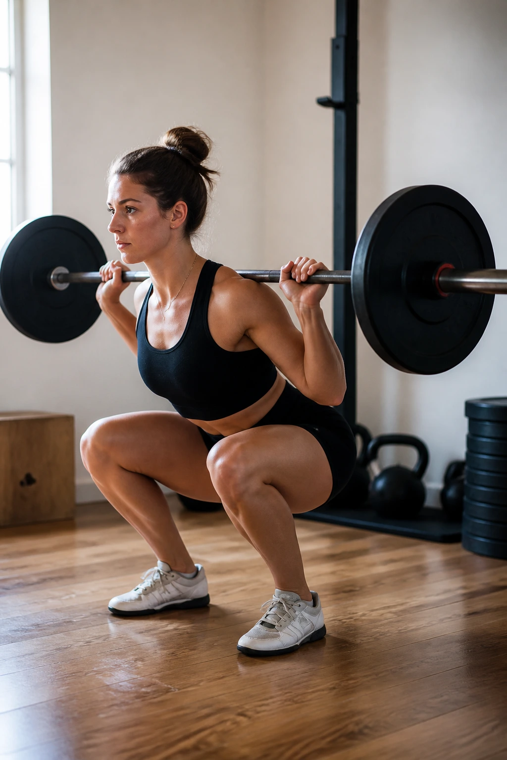 Real person performing a light barbell squat in a small home gym