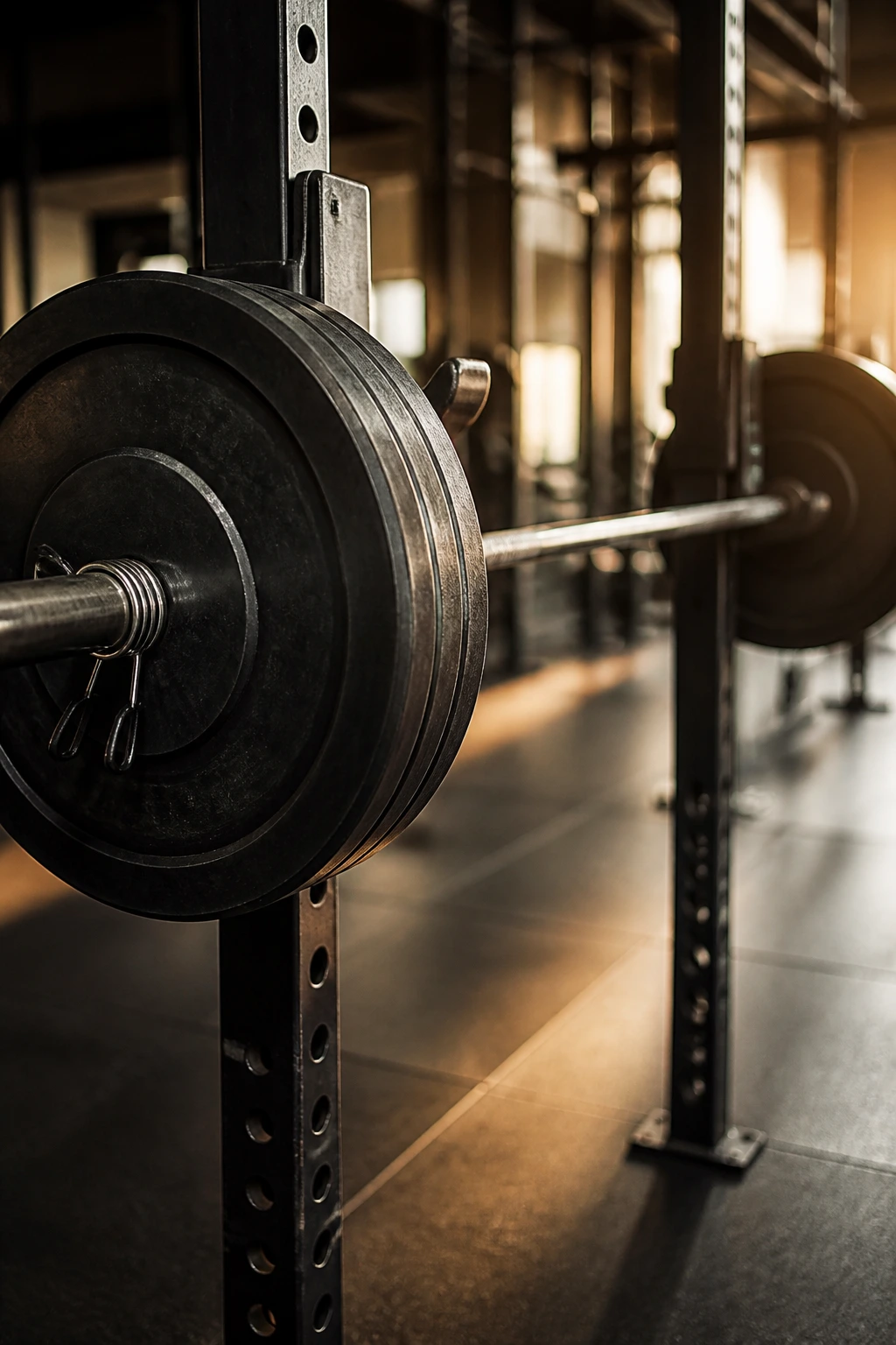 Close-up of a loaded barbell on a squat rack in a gym