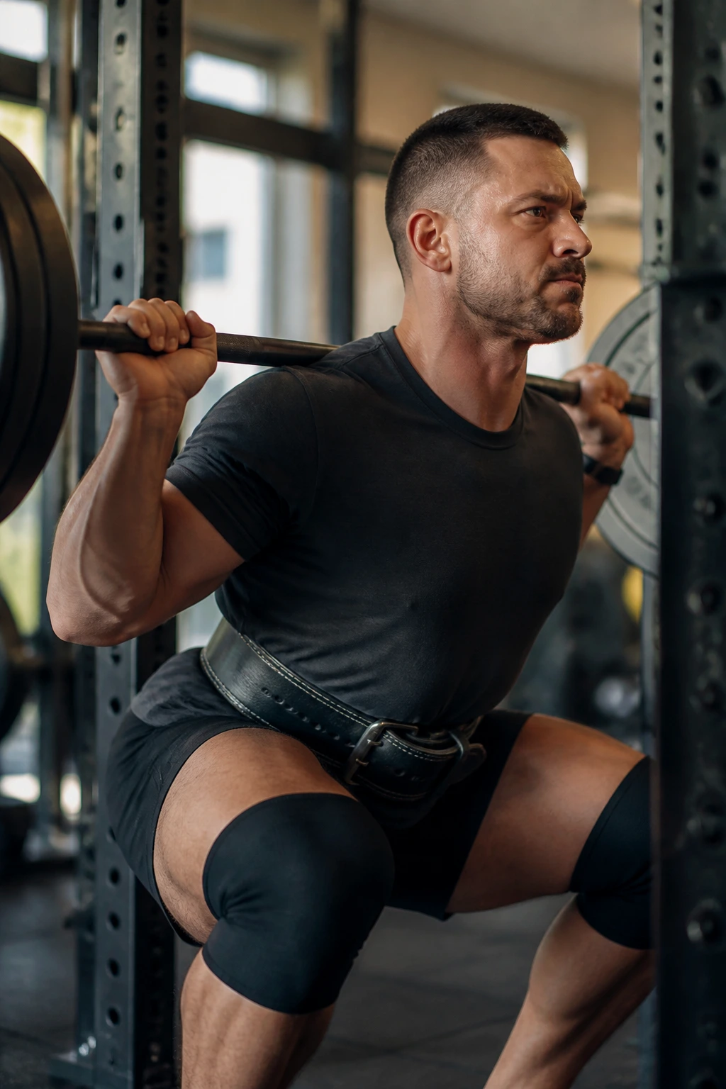 Lifter performing a basic squat with brace in a gym.