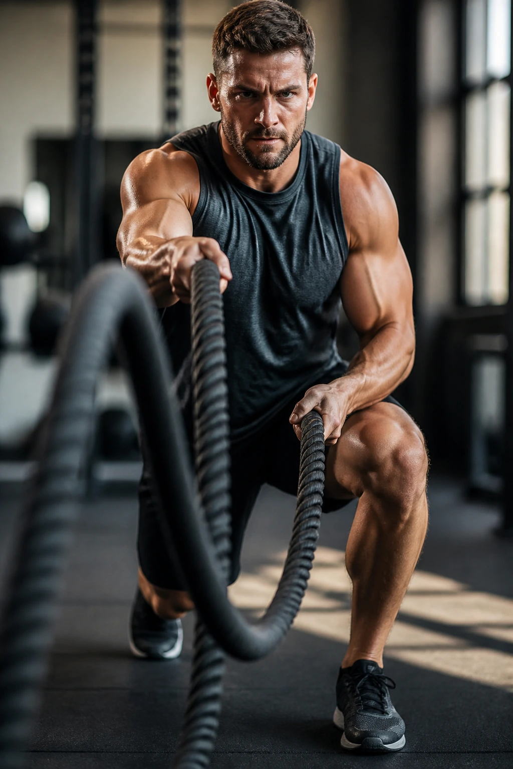 Close-up of battle ropes being waved by arms in a gym