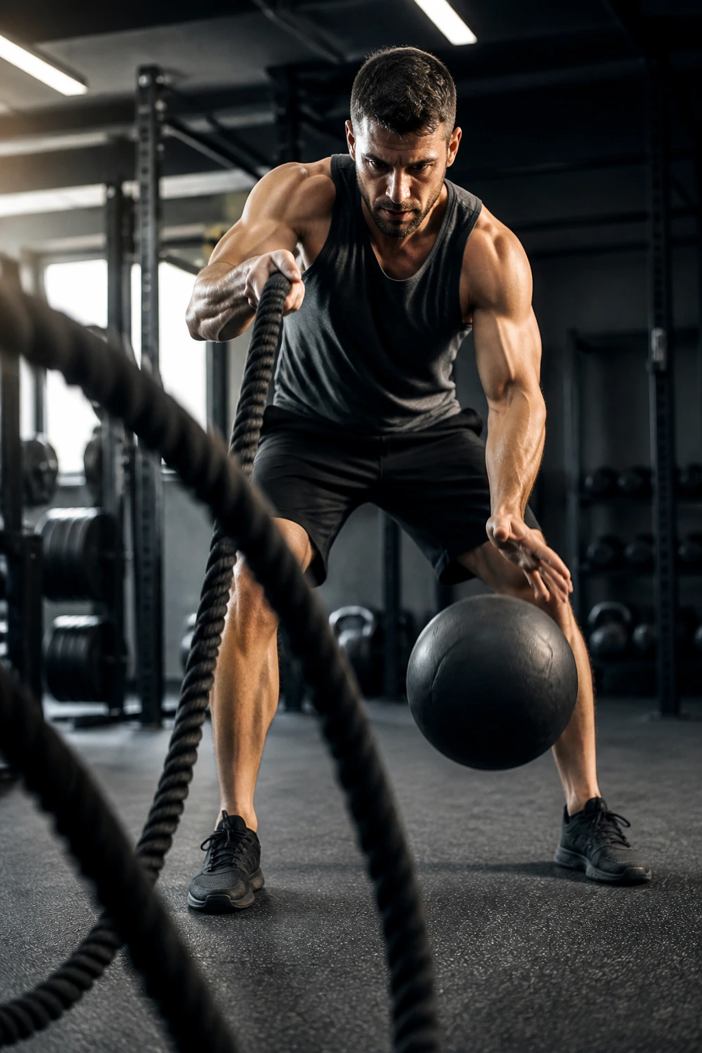 Person performing battle rope waves with a medicine ball slam in a gym