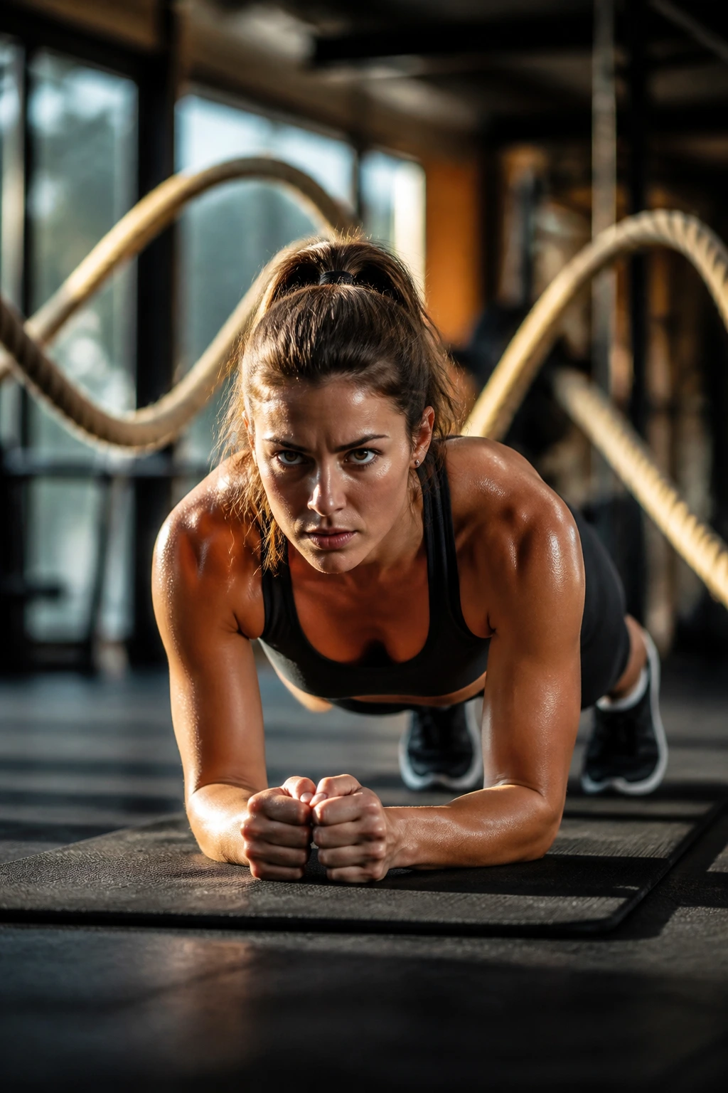 Athlete in a low plank with battle ropes waving behind him