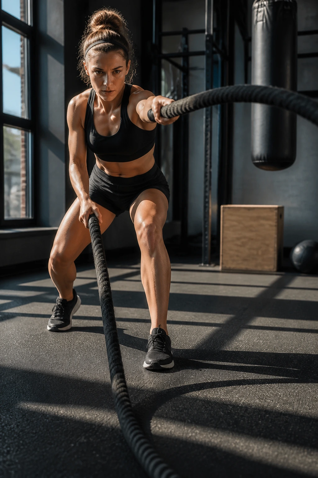 Athlete performing battle rope punches in a gym.