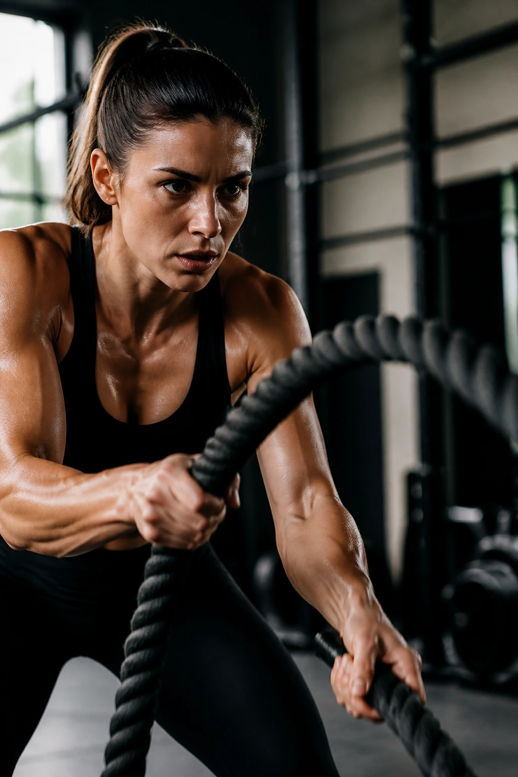 Athlete using battle ropes with rapid slams in gym setting.