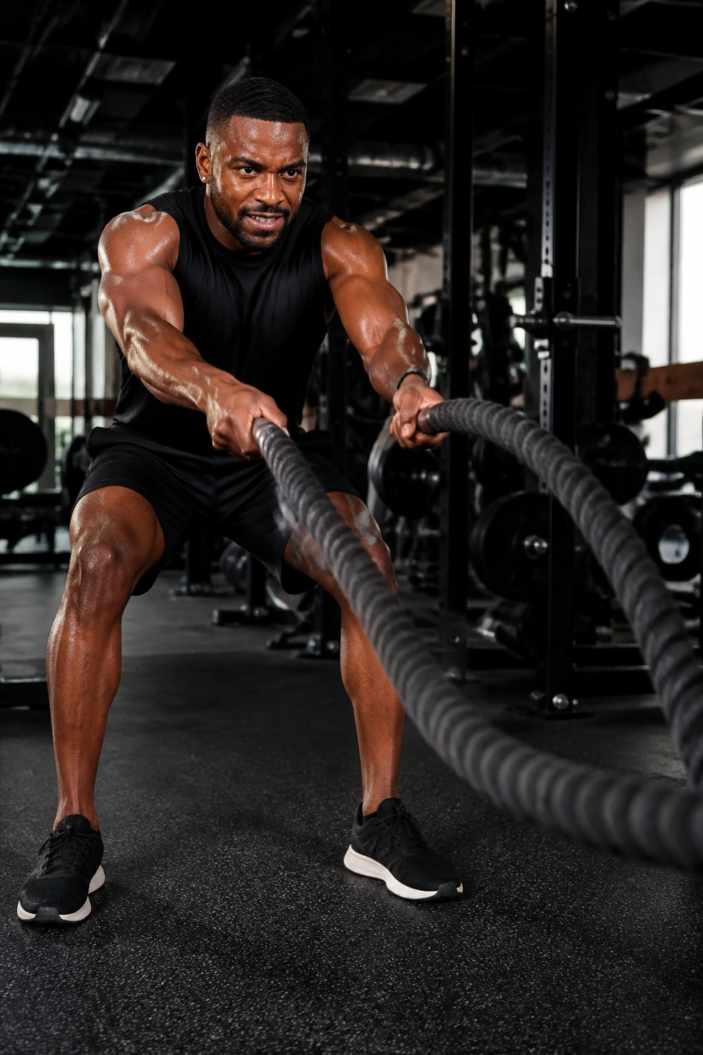 Person performing battle rope slam with intense arm drive