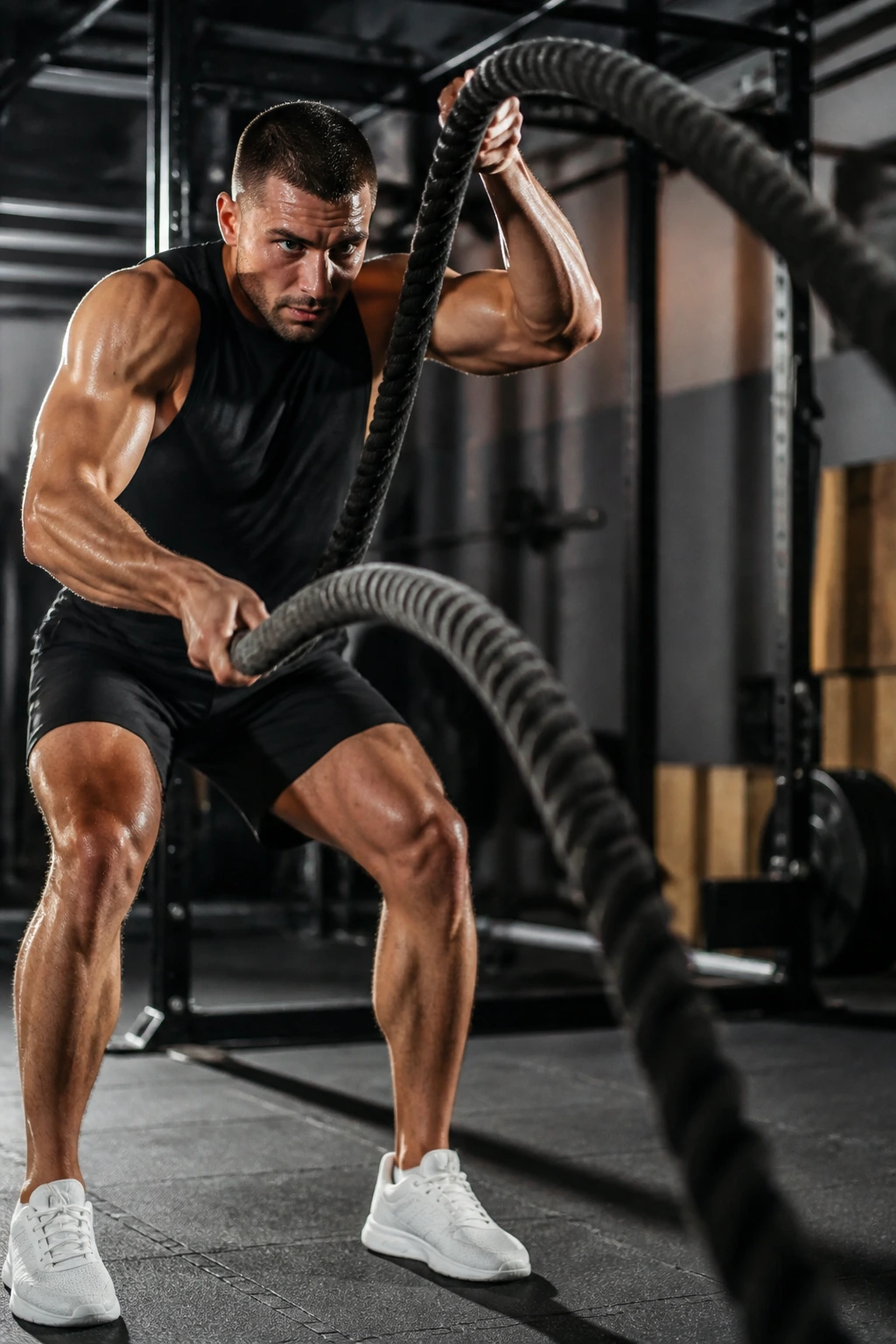Close-up of a person performing battle rope waves in a gym