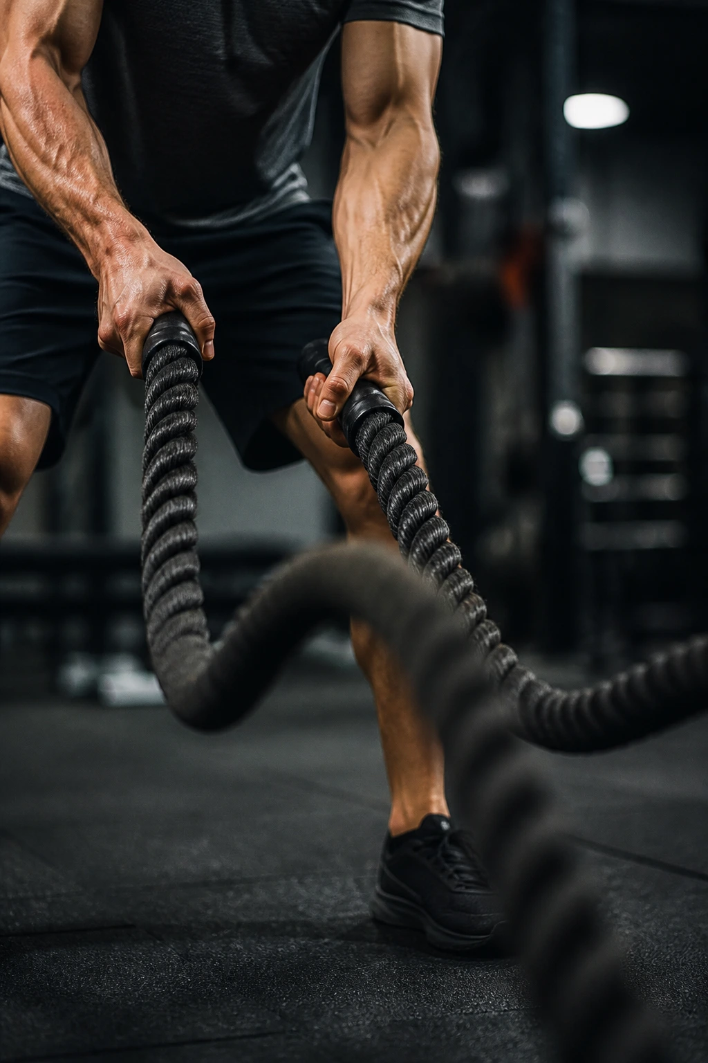 Arms and battle ropes in action during a high-intensity gym session