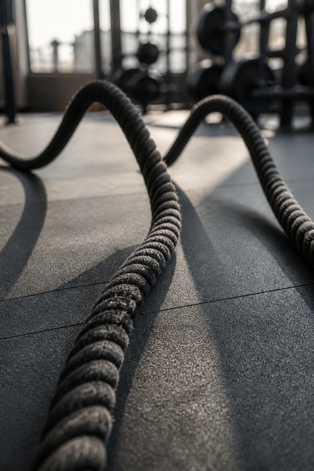 Close-up of thick battle ropes on gym floor showing texture and wave motion