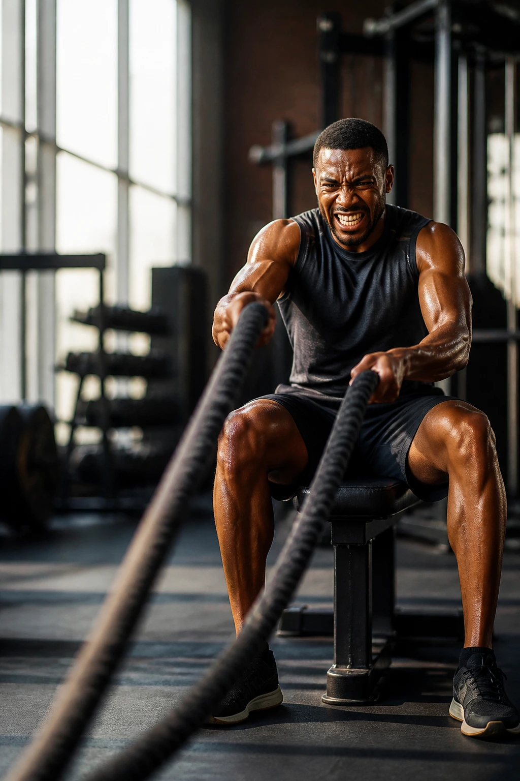 Person seated on bench performing rapid battle rope waves.