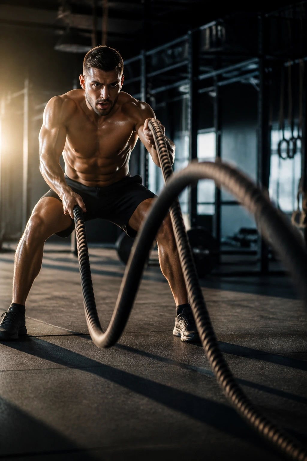 Athlete performing battle rope waves with intense exertion