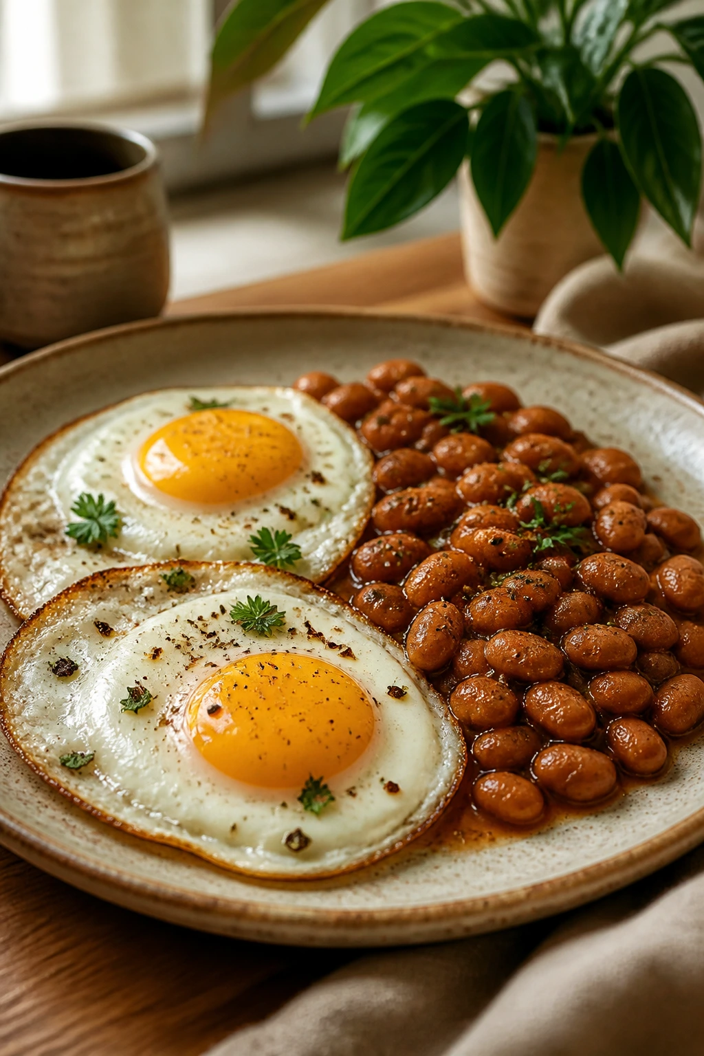Rustic plate with eggs and beans on a kitchen counter