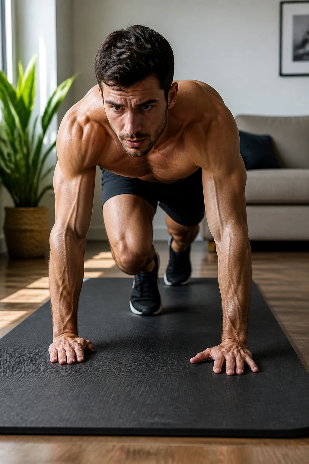 Person performing a bear crawl during a dense arm circuit on a mat