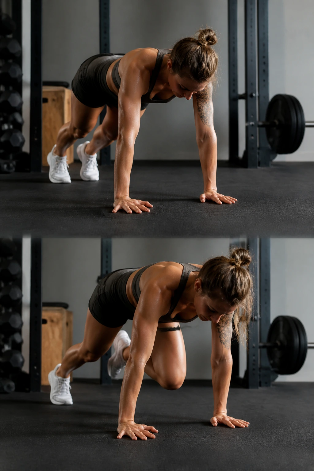 Athlete in bear crawl transitioning into mountain climber on a gym mat